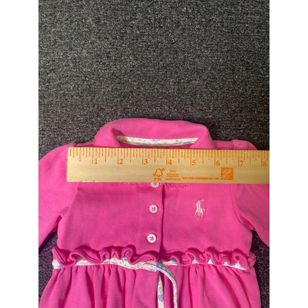 Ralph Lauren Polo Romper Pink Baby Girls 9M Long Sleeve Floral Ruffle Coverall